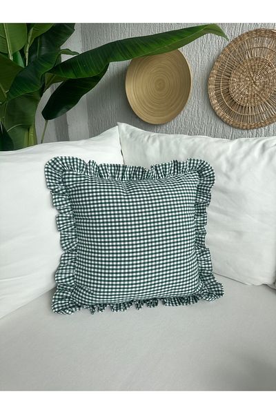 Decamor home Cotton Linen Green Mini Gingham Ruffle Throw Pillow Cover 1 Pc