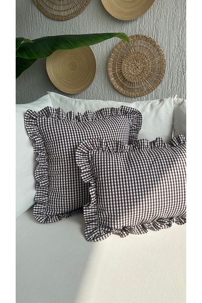 Decamor home Кафяка за възглавница с мини карирани ръбове от памук и лен, кафява, 1 брой