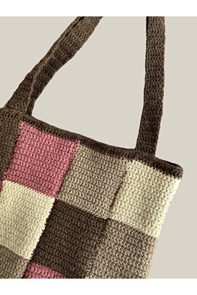 MELUSH Brown and Pink Checkered Knitted Bag Knitted Tote Bag Large Shoulder Bag