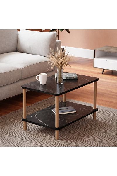 interGO Center Table Rectangular Wooden Legs - Black Marble Pattern