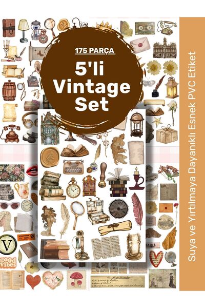 alışveriş kurdu 5'li Vintage Sticker Etiket Seti Planner Ajanda Telefon Table...