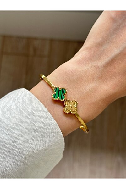 YOUES JEWELRY 316l Çelik Gold Yeşil Kelepçe Yonca Bileklik Kadın Kelepçe Bile...
