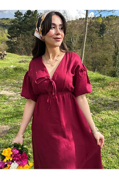 AB LOOKS Rochie de damă - 100% bumbac cu volan în față, cu talie elastică, cu croială largi, evazată de vară