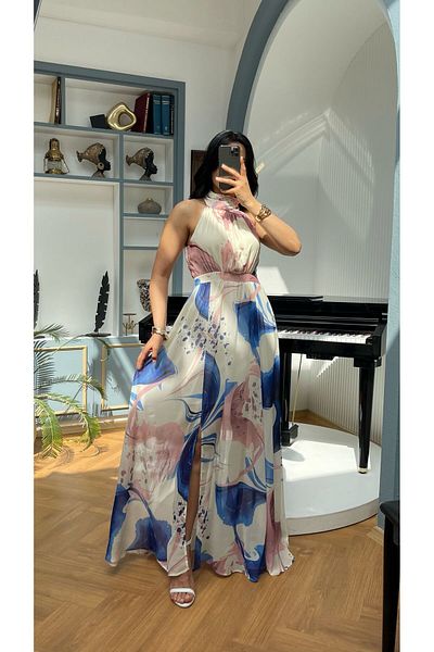 NIDAFASHION Halter Neck Slit Lined Patterned Chiffon Dress