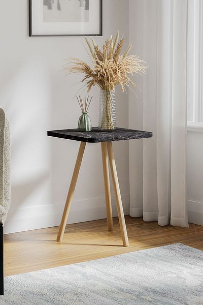 interGO 1 Pieces Coffee Table Wooden Legs Square - Black Marble Pattern