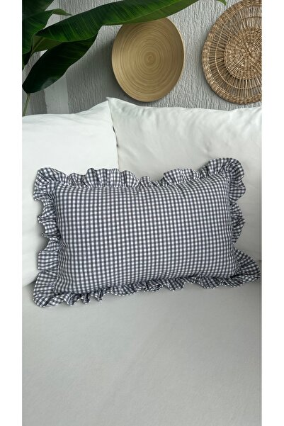 Decamor home Κάλυμμα μαξιλαριού από βαμβακερό λινό γκρι λευκό μίνι ποτικαρέ με βολάν 1 ΤΕΜ.