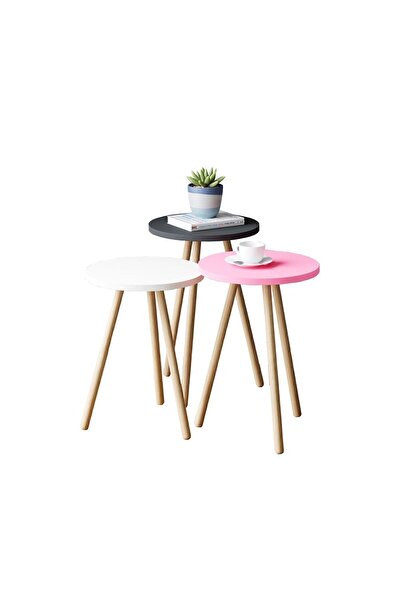 interGO 3 Pieces Coffee Table Wooden Legs Round - Pink / White / Gray