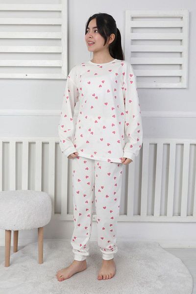 Yağmur Giyim İsob Ecru Heart Patterned 100% Cotton Girl's Short Sleeve Pajama Set 8-13 Years 41408-E