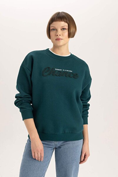 DeFacto Χοντρό φούτερ Relax Fit Crew Neck με στάμπα B6586ax23wn