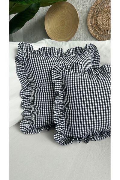 Decamor home Cotton Linen Black White Mini Gingham Ruffle Throw Pillow Cover 1 Pc