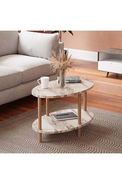interGO Center Table Elliptic Wooden Legs - Cream Marble Pattern