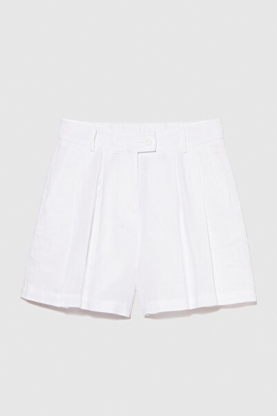 Sisley Γυναικείο λευκό σορτς 100% λινό μπροστινό διπλό πλισέ σορτς - 324p4aghl9013