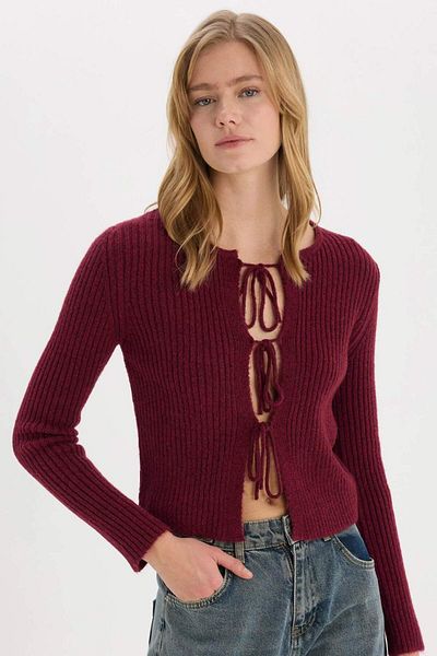 DeFacto Burgundy Crew Neck Tie Knitwear Cardigan - Regular Fit E6914Ax25Sp
