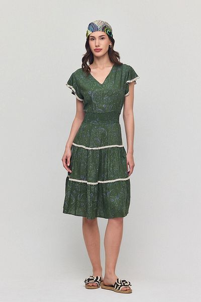 bacc Women's Summer Viscon Dress - Khaki V-Neck Ribbed Floral Pattern Bcvl-25V054