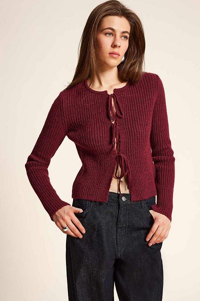 DeFacto Burgundy Crew Neck Tie Knitwear Cardigan - Regular Fit E6914Ax25Sp