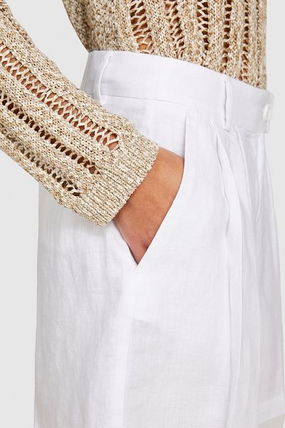 Sisley 100% Linen Front Double Pleated Shorts Women's White Shorts - 324P4Aghl9013