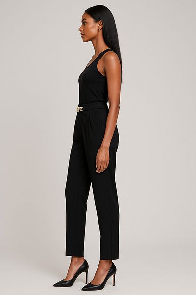 ZBK Carrot Leg Pleated Black Trousers with Chain Belt