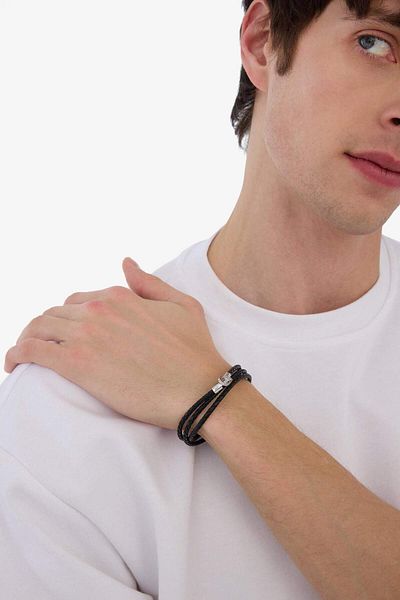 DeFacto Atolyewolf X Herren-Armband aus schwarzem dreilagigem Leder mit Stahlteilen E6177axns