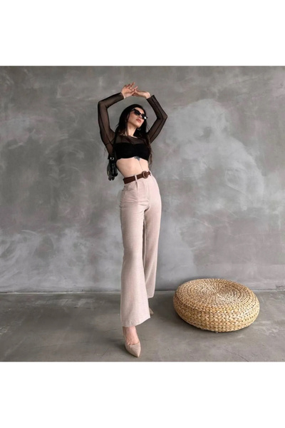 FAMİLY Trend Kadın Beli Kemerli Keten Palazzo Pantalon