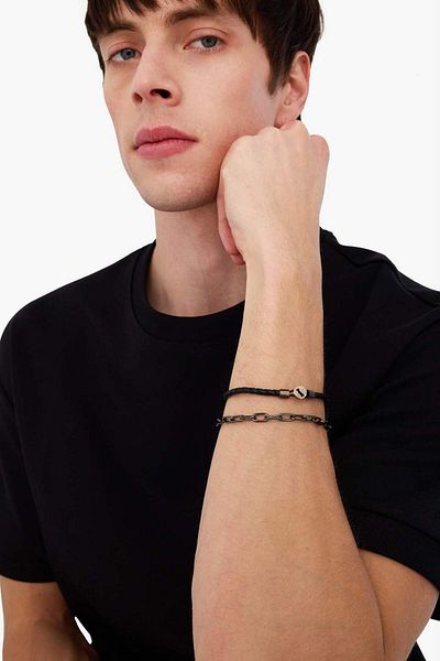 DeFacto AtolyeWolf x DeFacto Herrenarmband aus schwarzem Leder und Stahl E6130