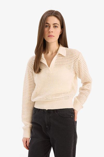 DeFacto Relax Fit Polo Neck Basic Plain Openwork Knitwear Sweater E7025Ax25Sm