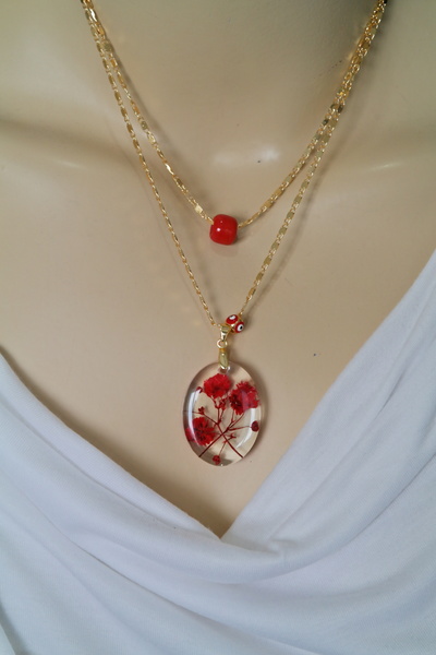 maycollection Gerçek Kırmızı Çiçekler ve Dallar Kırmızı Cam Boncuk Kırmızı Na...