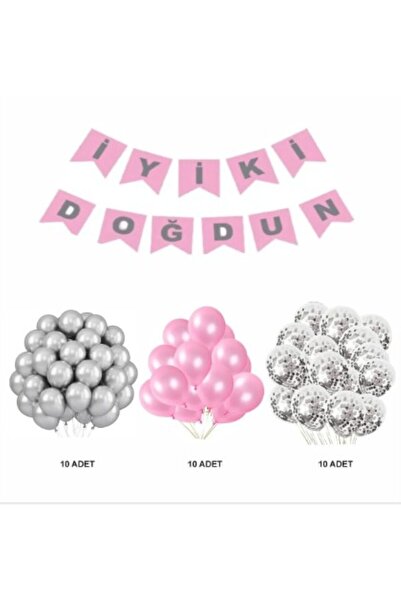 PartAntalya İyi ki Doğdun Banner Pembe Gümüş Şeffaf Gümüş Konfeti Balon Seti ...