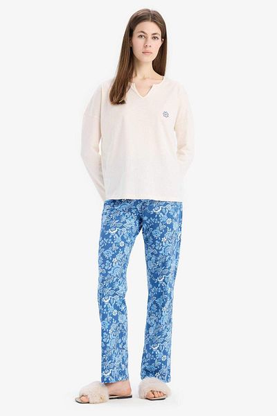 DeFacto Pyjama-Set, langärmeliges Oberteil, dehnbarer Taille, langer Boden – Fall In Love E4848ax25sp