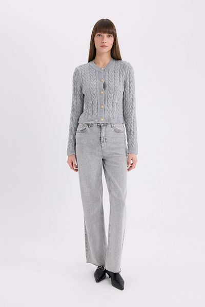 DeFacto Regular Fit Crew Neck Hair Braided Buttoned Cardigan C9044Ax25Sp