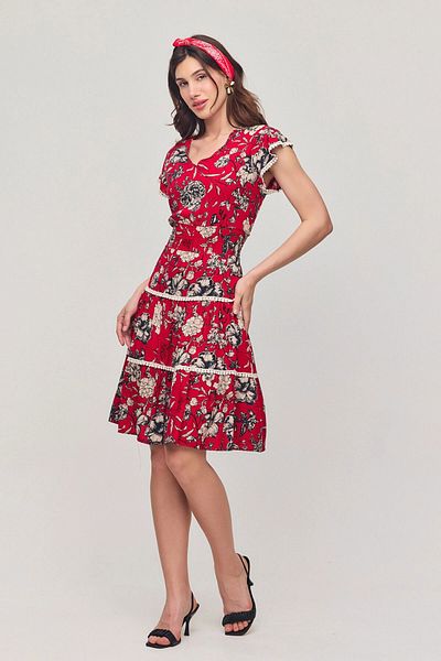 bacc Women's Red Collar Ribbed Floral Patterned Summer Viscon Dress Bcvl-25V054