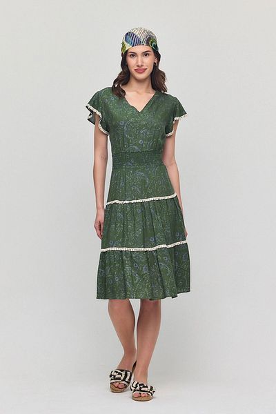 bacc Women's Summer Viscon Dress - Khaki V-Neck Ribbed Floral Pattern Bcvl-25V054