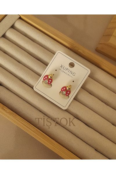 Tişt Accessory Xuping Gold Colorful Girl's Zircon Stone Ladybug Steel Earrings (Gift Birthday(
