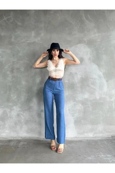 PREJEW Belted Linen Trousers Blue Color