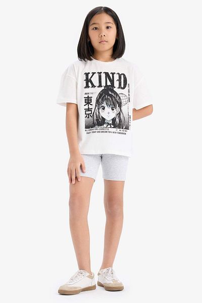DeFacto Girl's 2 Piece Cotton Set Printed Short Sleeve T-Shirt Biker Leggings