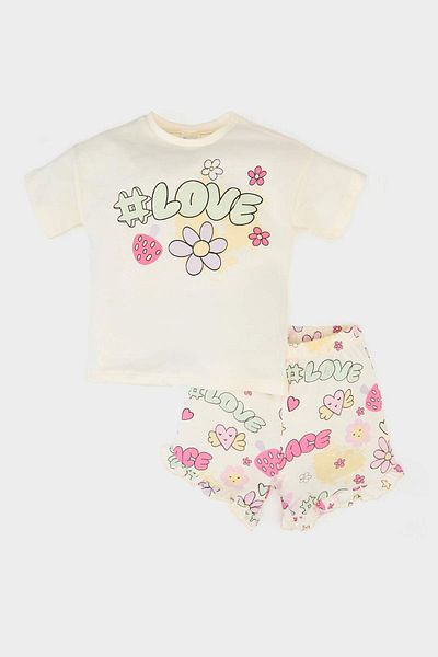 DeFacto Baby Girl Set of 2 Printed Short Sleeve T-Shirt with Elastic Waist Patterned Shorts E6441A525Sm