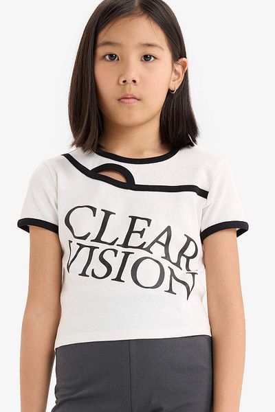 DeFacto Girl's Slim Fit Slim Fit Crew Neck Printed Corded Camisole Short Sleeve T-Shirt E1878A825Sm