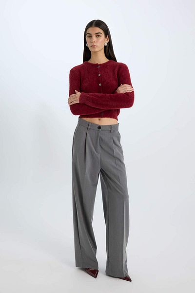 DeFacto Regular Fit Crew Neck Buttoned Knitwear Claret Red Cardigan E2428Ax24Wn