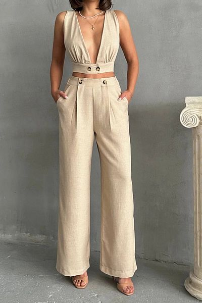 bacc Women's Beige Low-Cut Crop Blouse and Trousers Linen Woven Bottom Top Set Bchn- 25255012