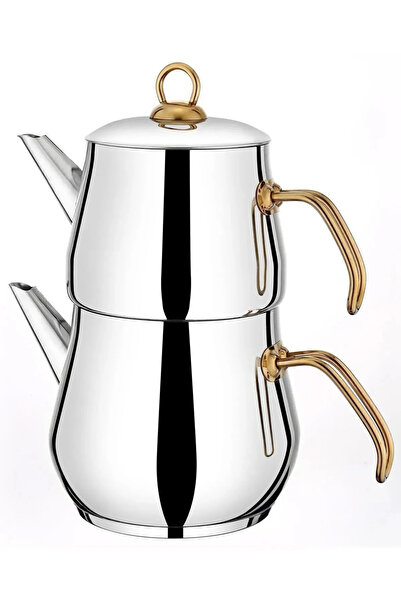 BUTİK1AVM Aletta Large Size Steel Teapot Gold Handle Family (1.6L, 2.5L) Self Strainer