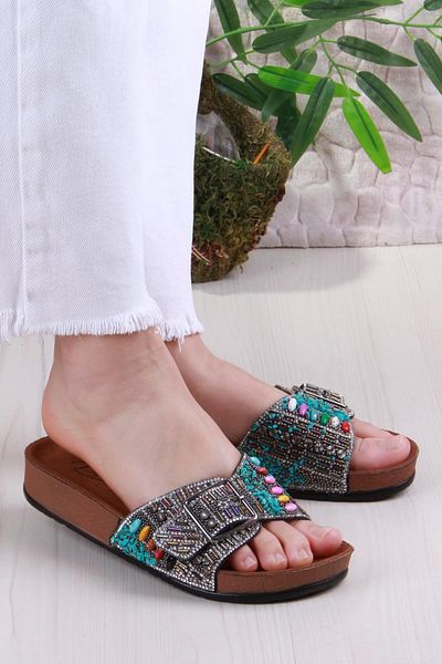 fort Pienn 20050 Anatomical Comfortable Stone Beaded Single Buckle Women's Slippers