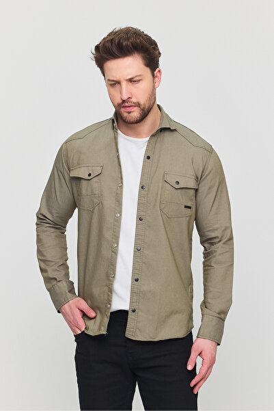 YXC Ανδρικό τζιν πουκάμισο Slim Fit Ανοιχτό Χακί