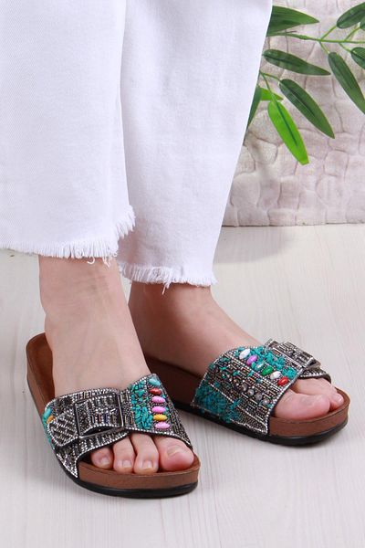fort Pienn 20050 Anatomical Comfortable Stone Beaded Single Buckle Women's Slippers