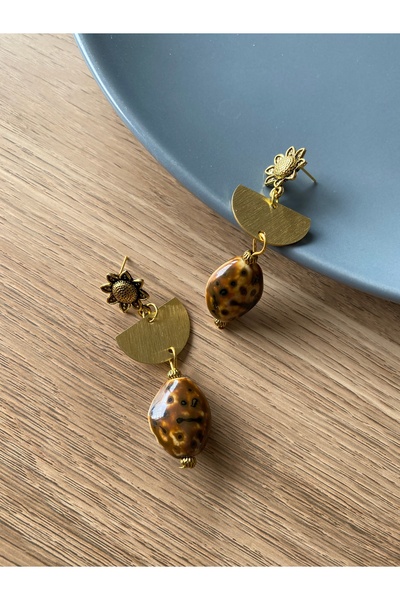 dela otantik El Yapımı Büyük Bohem Küpe - Seramik Taşlı Sallantılı Uzun Vintage Otantik Etnik Küpe Tasarım Takı