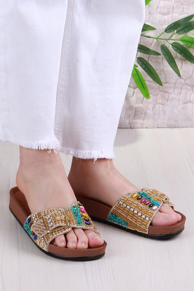 fort Pienn 20050 Anatomical Comfortable Stone Beaded Single Buckle Women's Slippers