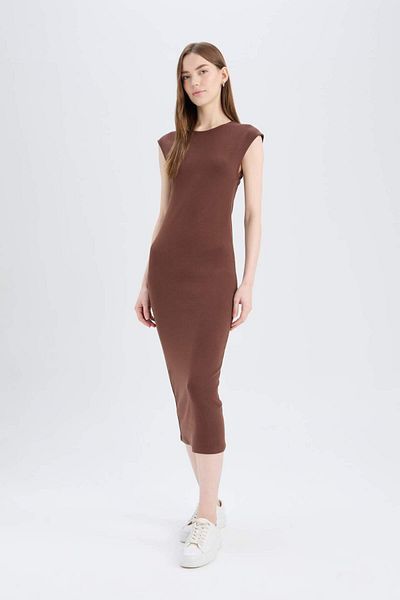 DeFacto Bodycon Body-Hugging Crewneck Rib Short Sleeve Midi Dress D5220Ax25Sp