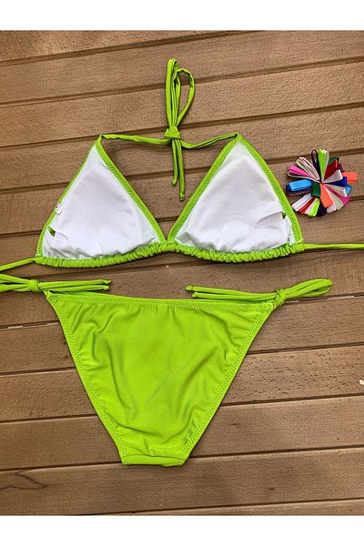 XORVİO Women's New Season Lycra Stretchy Side Neck Tie Stylish Drawstring Triangle Apple Green Bikini Set