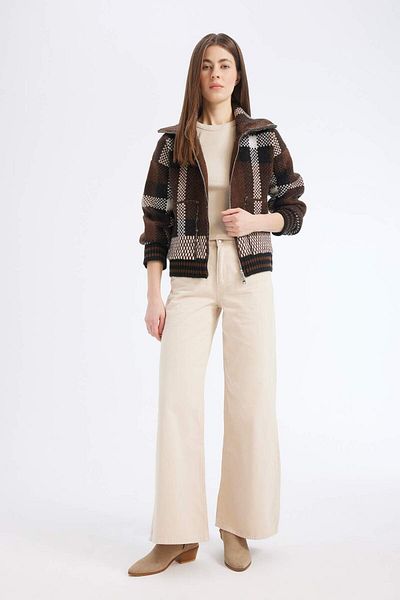 DeFacto Regular Fit Checked Zippered Collar Knitwear Cardigan E7733Ax25Sp