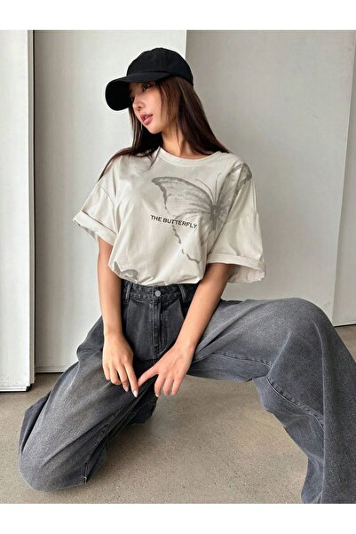 Charme Elegant Унисекс голяма тениска с принт на пеперуди от 100% памук