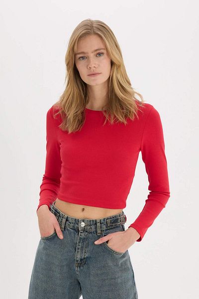 DeFacto Coool Fitted Basic Solid Rib Long Sleeve Red T-Shirt E7797Ax25Sp