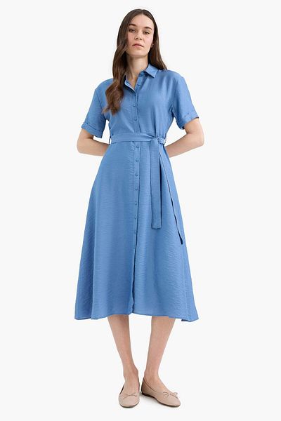 DeFacto Rochie midi cu mânecă scurtă, cu guler de cămașă, cu curea, E7932AX25SP